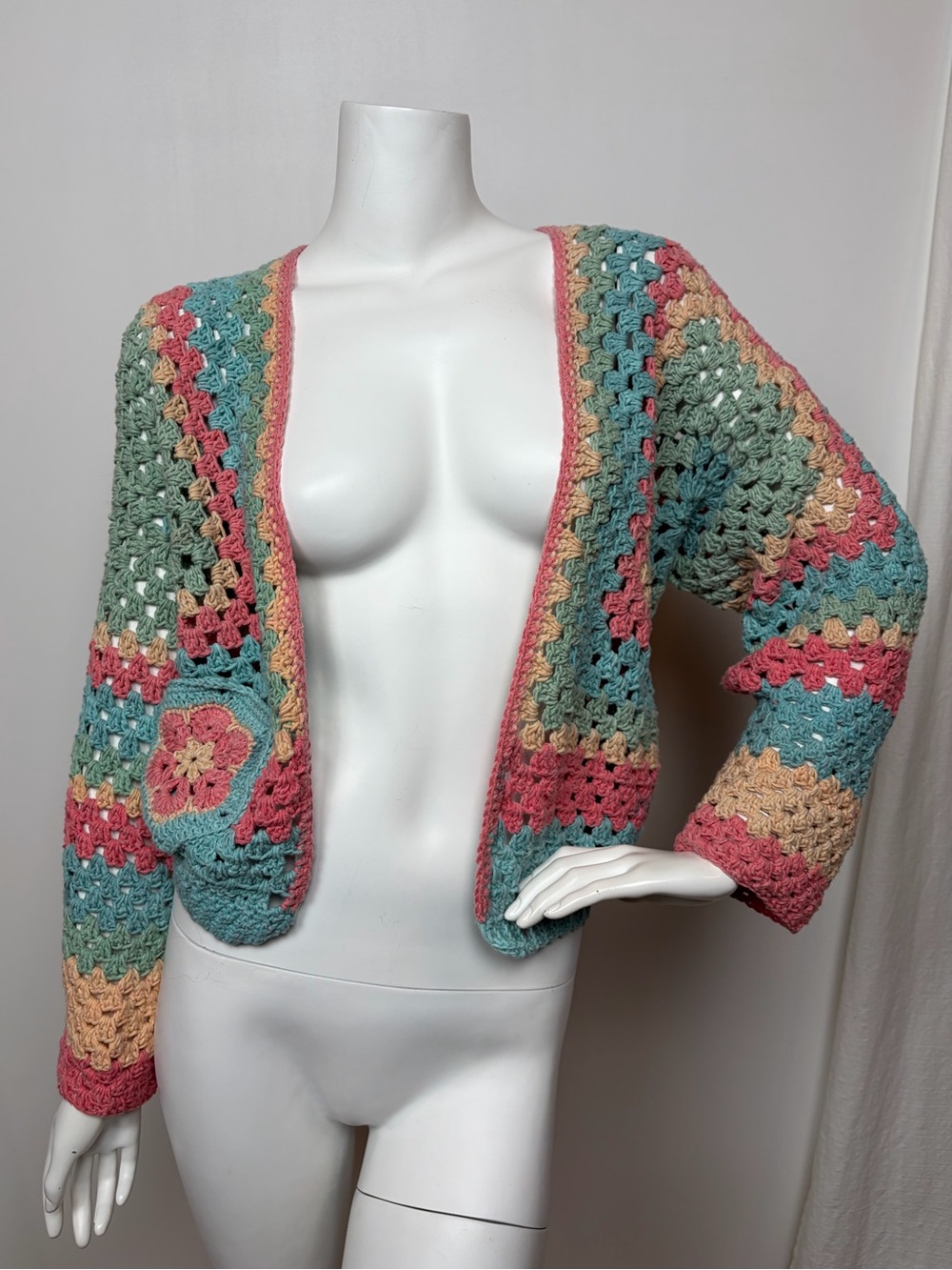HAND CRAFTED Crochet Cardigan Sweater Multicolor Granny Square Flower Pocket S